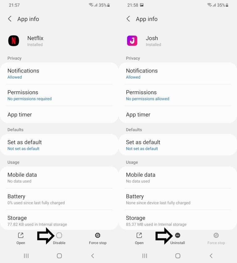 Two side-by-side screenshots of app page in settings. One is of an app 